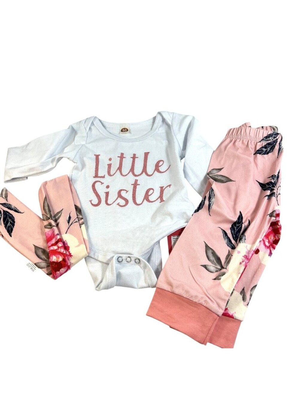 80 Baby Body Suit Pants Set Little Sister White/Pink Multicolored Size 18 Mo NWT
